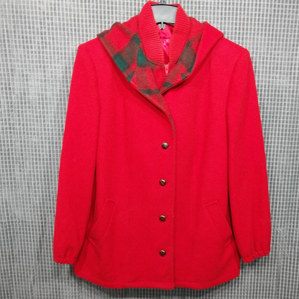 Mackintosh Vestcoat Coat Women Hooded Wool Blend Plaid Trim Size 12 Red